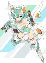 Rule 34 | 1girl, :d, alice gear aegis, bare shoulders, black thighhighs, blade (galaxist), blush, boots, breasts, cleavage, collarbone, commentary request, desktop army, detached wings, dual wielding, elbow gloves, fang, gloves, green eyes, green hair, gun, hair between eyes, headgear, holding, holding gun, holding weapon, knee boots, leotard, looking at viewer, mecha musume, mechanical wings, open mouth, small breasts, smile, solo, sylphy (desktop army), thigh strap, thighhighs, weapon, white footwear, white gloves, white leotard, white wings, wings