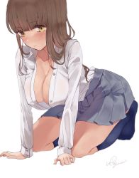 Rule 34 | 1girl, all fours, bad id, bad twitter id, blunt bangs, blush, breasts, brown hair, eyes visible through hair, highres, kneehighs, large breasts, long hair, looking at viewer, miniskirt, no bra, open clothes, open shirt, school uniform, shirt, skirt, socks, solo, uni (melm), yellow eyes