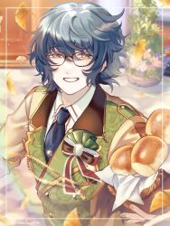 Rule 34 | 1boy, :d, aoba tsumugi, basket, beads, blue hair, blue necktie, blurry, blurry background, bow, bread, bread bun, collared shirt, commentary, english commentary, ensemble stars!, falling leaves, food, framed, ginkgo leaf, glasses, green jacket, hair between eyes, highres, holding, holding basket, jacket, lapel pin, lapels, leaf, light particles, looking at viewer, male focus, mixed-language commentary, necktie, notched lapels, official alternate costume, open mouth, plant, shirt, short hair, smile, solja, solo, thai commentary, tie clip, upper body, white hair, yellow eyes