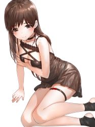 Rule 34 | 1girl, arm support, bare arms, bare shoulders, black neckwear, blush, breasts, brown eyes, brown hair, closed mouth, holding own arm, idolmaster, idolmaster cinderella girls, kfr, legband, lingerie, long hair, looking at viewer, medium breasts, negligee, nitta minami, revision, simple background, skindentation, smile, solo, stirrup legwear, thigh strap, toeless legwear, underwear, white background