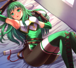 Rule 34 | 1girl, arm up, armor, armpits, bed sheet, black pants, boots, breastplate, brown gloves, detached sleeves, fire emblem, fire emblem: mystery of the emblem, from above, gloves, green eyes, green footwear, green hair, green sleeves, headband, highres, long hair, long sleeves, looking at viewer, lying, nintendo, on back, open mouth, palla (fire emblem), pants, sheath, solo, thigh boots, thighhighs, tunic, very long hair, white headband, white thighhighs, yozu (yozu0420)