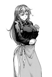 Rule 34 | black shirt, braid, breasts, china dress, chinese clothes, commentary, commentary request, dress, greyscale, hair between eyes, hong meiling, koyubi (littlefinger1988), long hair, long sleeves, looking down, monochrome, shirt, simple background, solo, touhou, twin braids, white background