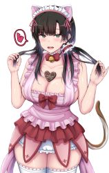 Rule 34 | 1girl, absurdres, animal ears, apron, assault lily, bad id, bad pixiv id, bare arms, bare shoulders, bell, between breasts, black hair, bloomers, blunt bangs, blush, bow, bowtie, breasts, candy, cat ears, cat tail, chin gero, chocolate, chocolate heart, cleavage, collar, collarbone, commentary request, cowboy shot, fake animal ears, fake tail, food, food between breasts, frilled apron, frilled collar, frilled skirt, frills, green eyes, hair ornament, hair scrunchie, hands up, happy valentine, heart, highres, holding, holding hair, jingle bell, large breasts, long hair, looking at viewer, maid headdress, microskirt, neck bell, open mouth, pink apron, red bow, red bowtie, red skirt, scrunchie, sideboob, simple background, skirt, smile, solo, speech bubble, spoken heart, standing, tail, teeth, thighhighs, underwear, upper teeth only, valnareik omen of lust, wang yujia, white background, white bloomers, white scrunchie, white thighhighs