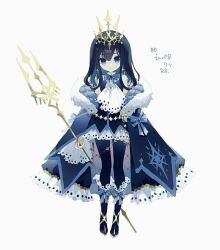 Rule 34 | 1girl, blue coat, blue dress, blue footwear, blue hair, blue pantyhose, chain, coat, creatures (company), crown, dress, earrings, empoleon, full body, game freak, gen 4 pokemon, gold trim, hibi89, jewelry, lace, lace-trimmed boots, lace-trimmed coat, lace-trimmed dress, lace trim, looking at viewer, medium hair, nintendo, pantyhose, personification, pokemon, polearm, quilted clothes, simple background, solo, trident, weapon, white background