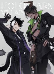 Rule 34 | 2boys, abs, absurdres, animal ear fluff, animal ears, aragami oga, arm up, belt, belt pouch, black coat, black gloves, black hair, black pants, buttons, choker, coat, copyright name, dark-skinned male, dark skin, double-breasted, eyebrows hidden by hair, eyepatch, fingernails, formal, fur-trimmed coat, fur trim, gloves, green eyes, grey background, grin, hair over one eye, half gloves, hand on own hip, high collar, highres, holostars, horns, jacket, kageyama shien, looking at viewer, looking down, moneko, multicolored hair, multiple boys, necktie, one eye covered, pants, parted lips, partially fingerless gloves, pectorals, pouch, sharp teeth, signature, single horn, smile, suit, tail, teeth, two-sided fabric, two-sided jacket, two-tone hair, vest, virtual youtuber, white hair, white necktie, yellow eyes