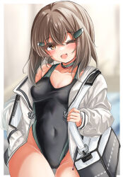 Rule 34 | 1girl, anchor ornament, bag, black one-piece swimsuit, breasts, brown eyes, brown hair, commentary request, competition swimsuit, cowboy shot, hair ornament, hairclip, highres, jacket, kantai collection, kasashi (kasasi008), one-piece swimsuit, one eye closed, open clothes, open jacket, short hair, short hair with long locks, small breasts, smile, solo, swimsuit, swimsuit under clothes, taihou (kancolle), two-tone swimsuit, white jacket, zipper pull tab
