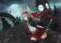 Rule 34 | 1girl, agehachou tsukushi, ahoge, animal ears, belt, boots, cat ears, city, clock, clock tower, fingerless gloves, full moon, gloves, goggles, goggles around neck, headband, highres, long coat, long hair, looking at viewer, moon, night, original, pleated skirt, red eyes, shirt, silver hair, skirt, solo, thighhighs, tower, weapon