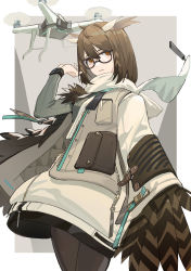 Rule 34 | 1girl, absurdres, arknights, black pantyhose, black wristband, border, brown eyes, brown hair, cowboy shot, drone, feather hair, glasses, green sweater, grey background, hair between eyes, hand up, highres, infection monitor (arknights), jacket, looking at viewer, official alternate costume, outside border, pantyhose, ribbed sweater, short hair, silence (arknights), silence (frosted breath) (arknights), simple background, solo, sweater, white border, white jacket, wristband, yeyuanqianqianqian