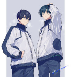 Rule 34 | 2boys, ahoge, arm up, blue eyes, blue hair, blue lock, blue pants, closed mouth, collared jacket, cowboy shot, hand on own head, hands in pockets, highres, isagi yoichi, itoshi rin, jacket, long sleeves, looking at viewer, male focus, multiple boys, pants, short hair, sleeves past wrists, smile, sohu, standing, twitter username, white jacket