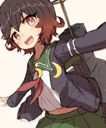 Rule 34 | 1girl, alchera, black jacket, brown hair, commentary request, crescent, crescent pin, gradient hair, green sailor collar, green skirt, jacket, kantai collection, looking at viewer, machinery, multicolored hair, mutsuki (kancolle), mutsuki kai ni (kancolle), navel, neckerchief, open mouth, outstretched arms, pleated skirt, red hair, red neckerchief, sailor collar, school uniform, serafuku, short hair, skirt, smile, smokestack, solo, teeth, upper teeth only