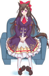 Rule 34 | 1girl, animal ears, ascot, black hair, bow, brown footwear, closed mouth, collared dress, couch, daiichi ruby (umamusume), dress, flat chest, flower, frown, fukami (trash sp), full body, hair bow, hair flower, hair ornament, horse ears, horse girl, horse tail, juliet sleeves, long hair, long sleeves, looking at viewer, on couch, pantyhose, petticoat, pink eyes, puffy sleeves, purple dress, red ascot, shoes, simple background, sitting, solo, tail, umamusume, white background, white pantyhose