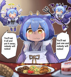 Rule 34 | 3girls, alternate language, angel, angel and devil, angel wings, apron, blue hair, cake, cookie, demon, demon wings, dragon girl, duel monster, english text, fang, food, grin, halo, hatano kiyoshi, highres, laundry dragonmaid, maid, multiple girls, multiple persona, polearm, short hair, shoulder angel, shoulder devil, smile, solo focus, sweat, table, triangle mouth, trident, wa maid, weapon, wings, yellow eyes, yu-gi-oh!