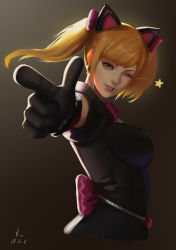 Rule 34 | 1girl, absurdres, animal ears, artist name, backlighting, black cat d.va, black dress, black gloves, blonde hair, bow, breasts, brown background, brown eyes, cat ears, d.va (overwatch), dated, dress, finger gun, gloves, highres, kv-- (310255704), lolita fashion, looking at viewer, medium breasts, medium hair, official alternate costume, one eye closed, overwatch, overwatch 1, parted lips, pink bow, pink lips, pointing, pointing at viewer, puffy short sleeves, puffy sleeves, short sleeves, signature, smile, solo, star (symbol), twintails, upper body
