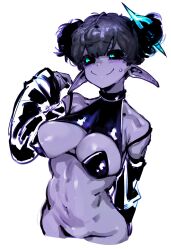 Rule 34 | 1girl, aqua eyes, black hair, black nails, black sclera, bottomless, breasts, colored sclera, colored skin, commentary, covered erect nipples, cropped legs, detached sleeves, docu (doppel), doppel (bonnypir), double bun, genderswap, genderswap (mtf), hair between eyes, hair bun, hair ornament, highres, large breasts, nail polish, original, pointy ears, purple skin, simple background, smile, solo, sweat, symbol-only commentary, white background