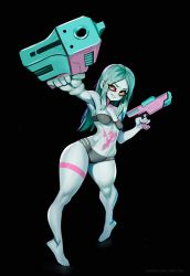Rule 34 | 1girl, bare legs, barefoot, black background, black bra, black panties, bra, breasts, colored sclera, colored skin, curvy, cyberpunk (series), cyberpunk edgerunners, cyborg, green hair, grin, gun, handgun, highres, holding, holding gun, holding weapon, john fox, long hair, looking at viewer, open mouth, panties, rebecca (cyberpunk), red eyes, red sclera, simple background, small breasts, smile, solo, stomach tattoo, tattoo, underwear, weapon, white skin, wide hips