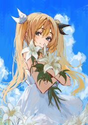 Rule 34 | 1girl, absurdres, bare arms, black ribbon, blonde hair, blue sky, blush, cloud, dokibird (vtuber), dress, field, flower, flower field, green eyes, hair between eyes, hair ribbon, hashtag-only commentary, highres, holding, holding flower, indie virtual youtuber, long hair, looking at viewer, naokomama, outdoors, ribbon, sidelocks, sky, smile, solo, standing, sundress, twintails, virtual youtuber, white dress, white flower, white ribbon