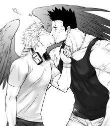 Rule 34 | 2boys, absurdres, bara, bare shoulders, black tank top, boku no hero academia, casual, collarbone, couple, endeavor (boku no hero academia), facial hair, from side, greyscale, hawks (boku no hero academia), headphones, headphones around neck, heart, helen roro, highres, jewelry, kiss, large pectorals, male focus, mature male, monochrome, multiple boys, muscular, muscular male, necklace, pectoral cleavage, pectorals, profile, scar, scar across eye, scar on arm, scar on face, short hair, sideburns, sidepec, spiked hair, stubble, tank top, toned, toned male, yaoi