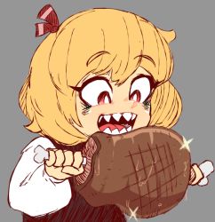 Rule 34 | 1girl, blonde hair, boned meat, eating, food, gountro, grey background, hair ribbon, holding, holding food, holding meat, long sleeves, meat, open mouth, red eyes, red ribbon, ribbon, rumia, sharp teeth, shirt, short hair, simple background, smile, solo, teeth, touhou, upper body, vest, white shirt