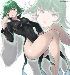 Rule 34 | 1girl, ass, bare legs, barefoot, breasts, chikoinochi, collared dress, covered navel, curly hair, curvy, dress, female focus, green eyes, green hair, highres, huge ass, looking at viewer, matching hair/eyes, medium breasts, one-punch man, shiny skin, short hair, solo, tatsumaki, wide hips