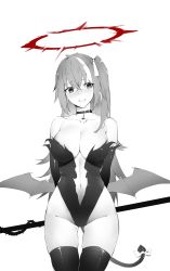 Rule 34 | 1girl, absurdres, alios arvin, arms behind back, bare shoulders, black choker, black leotard, black thighhighs, bow, breasts, chinese commentary, choker, cleavage, clothing cutout, cross, crossed bangs, demon girl, demon tail, demon wings, gluteal fold, greyscale, hair between eyes, halo, highleg, highleg leotard, highres, inverted cross, large breasts, leotard, low wings, monochrome, multicolored hair, navel cutout, original, red halo, side ponytail, simple background, strapless, strapless leotard, tail, tail bow, tail ornament, thigh gap, thighhighs, two-tone hair, virtual youtuber, white background, wings