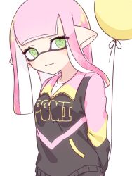 Rule 34 | 1girl, balloon, black sweater, commentary, eyelashes, green eyes, holding, holding balloon, inkling, inkling girl, inkling player character, inuowour, light smile, long hair, nintendo, pink hair, pointy ears, shirt, simple background, solo, splatoon (series), sweater, symbol-only commentary, upper body, white background, white shirt