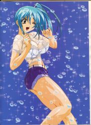 Rule 34 | 00s, 1990s (style), 1girl, ;d, absurdres, aqua eyes, ass, blue hair, bra, breasts, bubble, cleavage, crop top, denim, denim shorts, divergence eve, highres, impossible clothes, impossible shirt, kureha misaki, lace, lace bra, large breasts, lingerie, long hair, midriff, official art, one eye closed, open mouth, ponytail, profile, retro artstyle, scan, see-through, shiny skin, shirt, short shorts, shorts, side ponytail, smile, solo, sparkle, standing, t-shirt, torn clothes, underwear, wet, wet clothes, wet shirt, white bra, wince, wink, yamashita toshinari