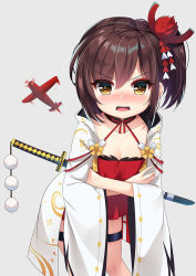 Rule 34 | 1girl, ikazu401, aircraft, azur lane, brown eyes, brown hair, coat, collarbone, commentary, dress, flower, hair flower, hair ornament, halter dress, halterneck, kanzashi, katana, leaning forward, long hair, looking at viewer, open clothes, open coat, open mouth, pom pom (clothes), red dress, red flower, side ponytail, sidelocks, solo, standing, sword, thigh strap, v-shaped eyebrows, weapon, weapon on back, white coat, aged down, zuikaku (azur lane)