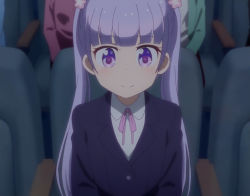 Rule 34 | 1girl, closed mouth, dot nose, indoors, long hair, new game!, purple eyes, purple hair, screencap, sitting, smile, solo, stitched, suzukaze aoba, third-party edit