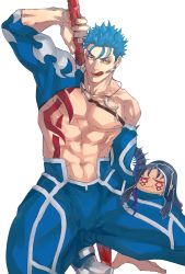 1boy, 1other, abs, blue hair, bodypaint, bulge, chibi, collarbone, crescent necklace, cu chulainn (fate) (all), cu chulainn (fate/stay night), detached sleeves, earrings, fate/grand order, fate (series), gae bolg (fate), grin, highres, holding, holding polearm, holding weapon, jewelry, licking lips, looking at viewer, male focus, mini cu-chan (fate), moyashi san4, muscular, muscular male, navel, necklace, nipples, open mouth, pants, pectorals, polearm, polearm behind back, red eyes, short hair, simple background, skin tight, sleeveless, slit pupils, smile, spiked hair, squatting, tongue, tongue out, weapon