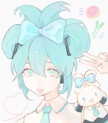 Rule 34 | 1girl, blue bow, blue eyes, bow, cariion, cinnamiku, cinnamoroll, hatsune miku, headset, highres, light smile, long hair, necktie, parted lips, sanrio, self-upload, simple background, smile, solo, spring onion, tied ears, twintails, updo, very long hair, vocaloid