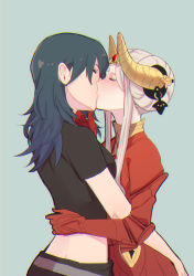 Rule 34 | 2girls, asymmetrical docking, black shirt, blue background, blue hair, blush, breast press, breasts, byleth (female) (fire emblem), byleth (fire emblem), closed eyes, commentary, crop top, dress, edelgard von hresvelg, eyelashes, fire emblem, fire emblem: three houses, from side, gloves, hair bun, hand on another&#039;s chin, horn ornament, horns, hug, kiss, long hair, medium breasts, midriff, multiple girls, nintendo, profile, red dress, red gloves, shirt, short hair with long locks, sidelocks, silver hair, simple background, small breasts, taut clothes, tiara, yukiyanagi raki, yuri