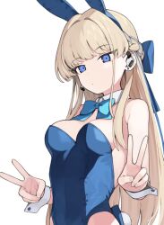 Rule 34 | 1girl, animal ears, blonde hair, blue archive, blue bow, blue bowtie, blue eyes, blue hair, blue leotard, bow, bowtie, braid, breasts, closed mouth, commentary, detached collar, double v, fake animal ears, highres, leotard, long hair, medium breasts, multicolored hair, official alternate costume, playboy bunny, rabbit ears, seramikku, simple background, solo, strapless, strapless leotard, streaked hair, symbol-only commentary, toki (blue archive), toki (bunny) (blue archive), upper body, v, white background, wrist cuffs