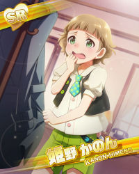 Rule 34 | 10s, 1boy, blush, brown hair, card, character name, green eyes, himeno kanon, idolmaster, idolmaster side-m, male focus, necktie, official art, open mouth, short hair, shorts, solo, sparkle, tears