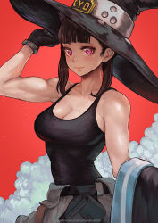 Rule 34 | 1girl, biceps, black gloves, black hair, black shirt, black tank top, breasts, cleavage, en&#039;en no shouboutai, gloves, hat, highres, large breasts, lips, looking at viewer, magion02, maki oze, purple eyes, red background, shirt, sidelocks, simple background, smile, smoke, solo, sweat, tank top, toned, witch hat