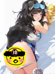 Rule 34 | 1girl, animal ears, arm markings, bed sheet, black hair, blue archive, blue eyes, blunt bangs, blush, breasts, censored, cheerleader, dog ears, dog girl, dog tail, eyewear on head, foot out of frame, hibiki (blue archive), hibiki (cheer squad) (blue archive), highres, large breasts, long hair, looking at viewer, looking back, lying, millennium cheerleader outfit (blue archive), official alternate costume, on stomach, panties, panty pull, parted lips, pleated skirt, pom pom (cheerleading), safety glasses, shoes, skirt, sneakers, solo, spykeee, tail, twintails, twitter username, underwear, white footwear, white panties
