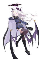 Rule 34 | 1girl, 26th, ahoge, belt, black gloves, black skirt, black thighhighs, blue archive, boots, coat, coat on shoulders, commentary request, demon girl, demon horns, demon wings, eyes visible through hair, forehead, full body, gloves, hair ornament, hairclip, highres, hina (blue archive), horns, knee boots, long hair, long sleeves, looking at viewer, military, military uniform, parted bangs, pencil skirt, purple eyes, side slit, sidelocks, simple background, skirt, solo, standing, standing on one leg, thighhighs, uniform, white background, white hair, wings, zettai ryouiki