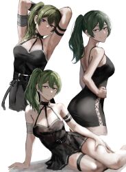 Rule 34 | 1girl, adapted costume, arm support, arms up, ass, belt, black belt, black skirt, breasts, closed mouth, commentary, dress, feet out of frame, green hair, highres, looking at viewer, lying, medium breasts, miniskirt, multiple views, on side, pleated skirt, purple eyes, raberu ruru, shirt, short dress, side ponytail, skirt, sleeveless, sleeveless shirt, smile, sousou no frieren, thighs, ubel (sousou no frieren)