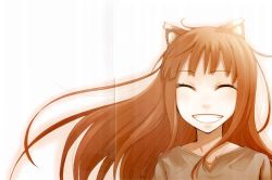 Rule 34 | 00s, 1girl, absurdres, animal ears, ayakura juu, closed eyes, crease, female focus, gradient background, highres, holo, scan, smile, solo, spice and wolf, white background, wolf ears