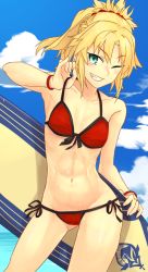 Rule 34 | 1girl, abs, armpits, bikini, blonde hair, blush, breasts, cowboy shot, fate/apocrypha, fate/grand order, fate (series), front-tie bikini top, front-tie top, green eyes, grin, holding, holding behind back, i-pan, looking at viewer, mordred (fate), mordred (fate) (all), mordred (fate/apocrypha), mordred (swimsuit rider) (fate), mordred (swimsuit rider) (first ascension) (fate), navel, one eye closed, ponytail, red bikini, short hair, side-tie bikini bottom, small breasts, smile, solo, standing, stomach, string bikini, surfboard, swimsuit