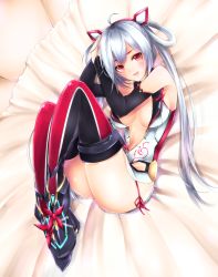 Rule 34 | 1girl, ahoge, ass, breasts, cleavage, detached sleeves, fetal position, frofrofrost, high heels, highres, innocent cluster, large breasts, matoi (pso2), no bra, open clothes, open mouth, open shirt, panties, phantasy star, phantasy star online, phantasy star online 2, red eyes, shirt, side-tie panties, silver hair, string panties, thighhighs, thighs, twintails, underwear