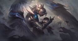 Rule 34 | 2girls, angel, angel wings, armor, asymmetrical bangs, attack, belt, black pants, blonde hair, commentary, dust, earrings, english commentary, feathered wings, floating hair, hair between eyes, hair bun, haotian gruru, highres, holding, holding knife, jewelry, kayle (league of legends), knife, league of legends, light, looking up, multiple girls, outdoors, pants, parted lips, pink hair, protecting, rock, shirt, short sleeves, shoulder armor, sidelocks, single hair bun, vi (league of legends), white shirt, wind, wings