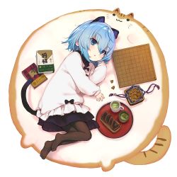 Rule 34 | 1girl, aged down, animal ears, black bow, black shirt, black skirt, blue eyes, blue hair, board game, book, bow, brown pantyhose, cat ears, cat girl, cat tail, collared shirt, commentary request, cup, dress shirt, food, from above, full body, hair between eyes, hand up, highres, long sleeves, looking at viewer, lying, mug, no shoes, on side, pantyhose, parted lips, puffy long sleeves, puffy sleeves, rug, ryuuou no oshigoto!, senbei, shirabi, shirt, shogi, shogi piece, skirt, sleeves past wrists, solo, sora ginko, tail, translation request, tray, white background, white shirt, yunomi