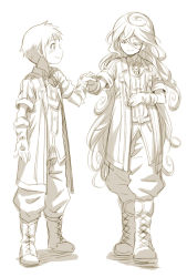 Rule 34 | 1boy, 1girl, blush, boots, closed mouth, collared shirt, cr72, closed eyes, full body, gloves, hair between eyes, holding hands, hand on own stomach, hetero, jacket, long hair, looking at viewer, lyza (made in abyss), made in abyss, monochrome, open clothes, open jacket, pants, profile, shirt, short hair, sideways mouth, sketch, smile, standing, torka, very long hair, wing collar