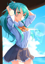 Rule 34 | 1girl, absurdres, aqua eyes, aqua hair, arms behind head, beach, blue sky, breasts, brown skirt, cloud, cloudy sky, day, hair ornament, hair tie, hair up, hairclip, hairdressing, highres, kantai collection, long hair, looking at viewer, mouth hold, neck ribbon, ocean, orange ribbon, pleated skirt, ponytail, remodel (kantai collection), ribbon, sakurahuji-iro, school uniform, shirt, skirt, sky, sleeves rolled up, smile, solo, summer, sun, suzuya (kancolle), water, white shirt