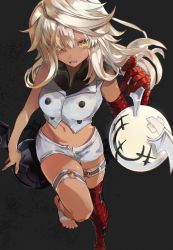 Rule 34 | 1girl, bandages, black background, crop top, dark-skinned female, dark skin, found modori, guilty gear, guilty gear strive, hair over one eye, highres, long hair, midriff, navel, open mouth, platinum blonde hair, ramlethal valentine, running, sharp teeth, short shorts, shorts, simple background, solo, stomach, teeth, thigh strap, thighs, yellow eyes