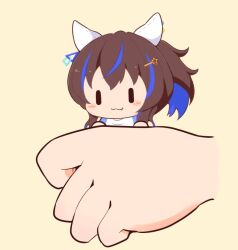 Rule 34 | 1girl, 1other, :3, animal ears, blue hair, blush stickers, brown background, brown hair, chibi, closed mouth, daitaku helios (umamusume), disembodied limb, fang, fang out, gomashio (goma feet), hair ornament, hairclip, hands up, horse ears, multicolored hair, raglan sleeves, shirt, side ponytail, simple background, star (symbol), star hair ornament, streaked hair, umamusume, white shirt, | |