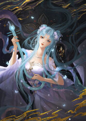 Rule 34 | 1girl, absurdres, bare shoulders, black background, blue hair, bug, butterfly, closed mouth, douluo dalu, dress, hagoromo, hair ornament, hair rings, head tilt, highres, holding, holding instrument, insect, instrument, jewelry, long hair, looking at viewer, lu c, necklace, second-party source, shawl, solo, tang wutong (douluo dalu), upper body, white dress