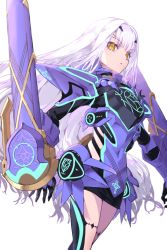 Rule 34 | 1girl, armor, black gloves, boots, breastplate, clothing cutout, covered navel, melusine (fate), fate/grand order, fate (series), forked eyebrows, gloves, haimura kiyotaka, highres, long hair, pauldrons, sheath, shoulder armor, side cutout, thigh boots, white background, white hair, yellow eyes