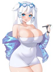 Rule 34 | 1girl, :d, bandaid, bandaid on neck, bare shoulders, blue-framed eyewear, blue eyes, blush, borrowed character, bow, breasts, cleavage, collarbone, covered navel, curvy, dress, eyewear on head, fang, glasses, gloves, hair bow, heart, heart-shaped eyewear, highres, holding, holding pen, jacket, kuavera, large breasts, long hair, looking at viewer, mole, mole on breast, open mouth, original, partially fingerless gloves, pen, skin fang, smile, solo, thick thighs, thighs, twintails, white background, white dress, white hair