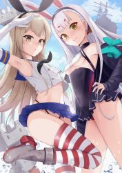 Rule 34 | 2girls, animal ears, azur lane, bare legs, black dress, black panties, blonde hair, blue skirt, blue sky, boots, breasts, brown eyes, commentary request, covered navel, crop top, crossover, day, dress, elbow gloves, gloves, hairband, hand on own hip, highleg, highleg panties, highres, historical name connection, joko jmc, kantai collection, light smile, long hair, looking at viewer, microskirt, midriff, multiple girls, name connection, outdoors, panties, pleated skirt, rabbit ears, rensouhou-chan, shimakaze (azur lane), shimakaze (kancolle), silver hair, skirt, sky, sleeveless, small breasts, striped clothes, striped legwear, striped thighhighs, thighhighs, underwear, very long hair, white gloves, yellow eyes